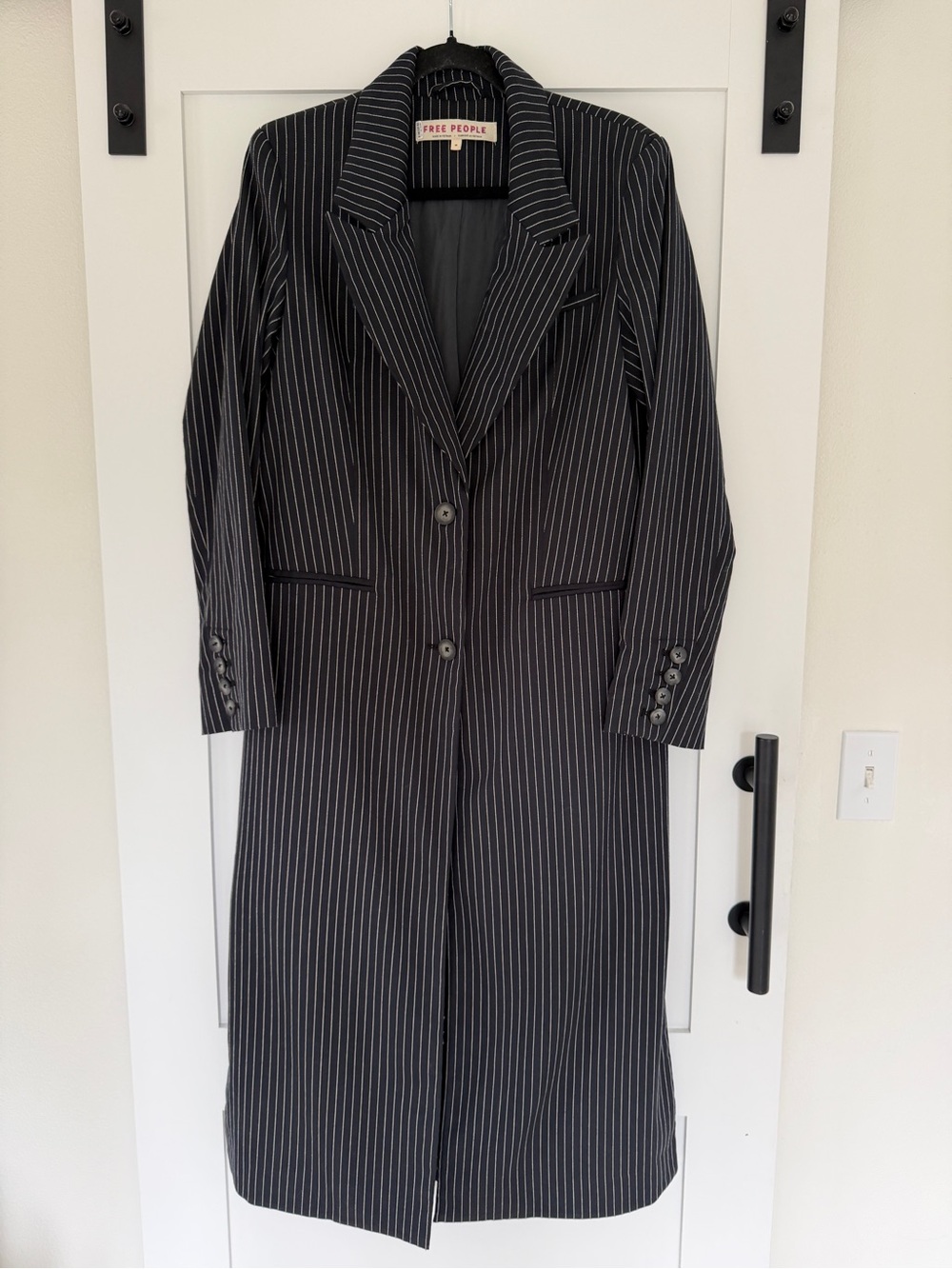 Free People Black Pinstripe Longline Blazer